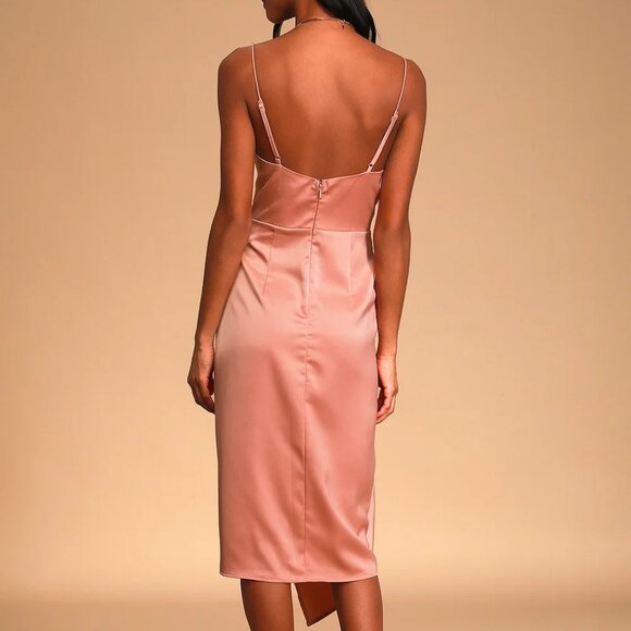 Lulus Quite Likely Rose Pink Satin Asymmetrical Midi Dress Size Small - Picture 9 of 10